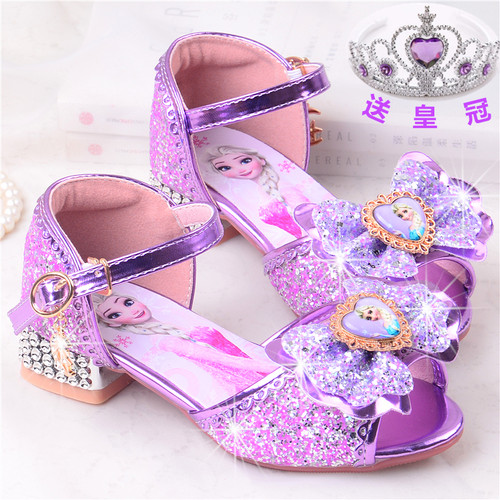 女童夏季公主爱莎高跟水晶凉鞋