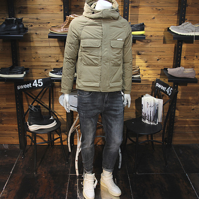 冬装男连帽羽绒服简约工装口袋青年修身休闲保暖羽绒夹克羽绒外套