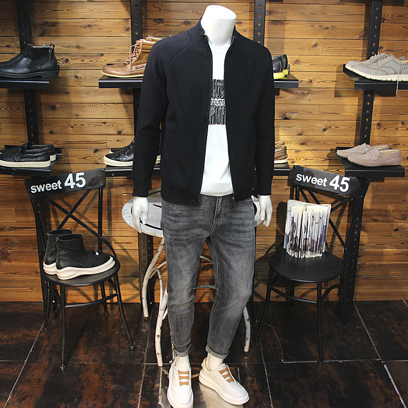 秋装男士针织夹克简约净版纯色修身休闲青年百搭毛衣开衫拉链外套