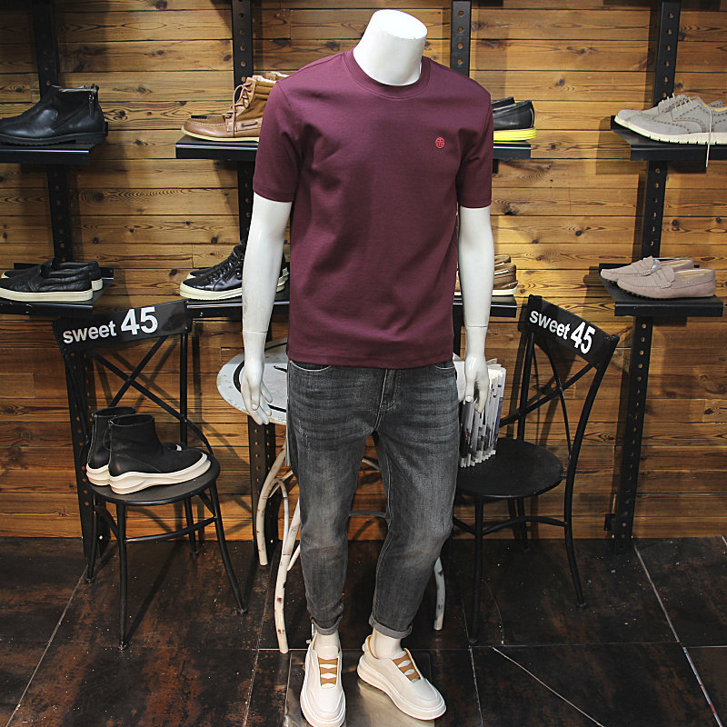 年货马元素刺绣图案男士圆领T恤简约时尚百搭青年帅气修身半袖t恤