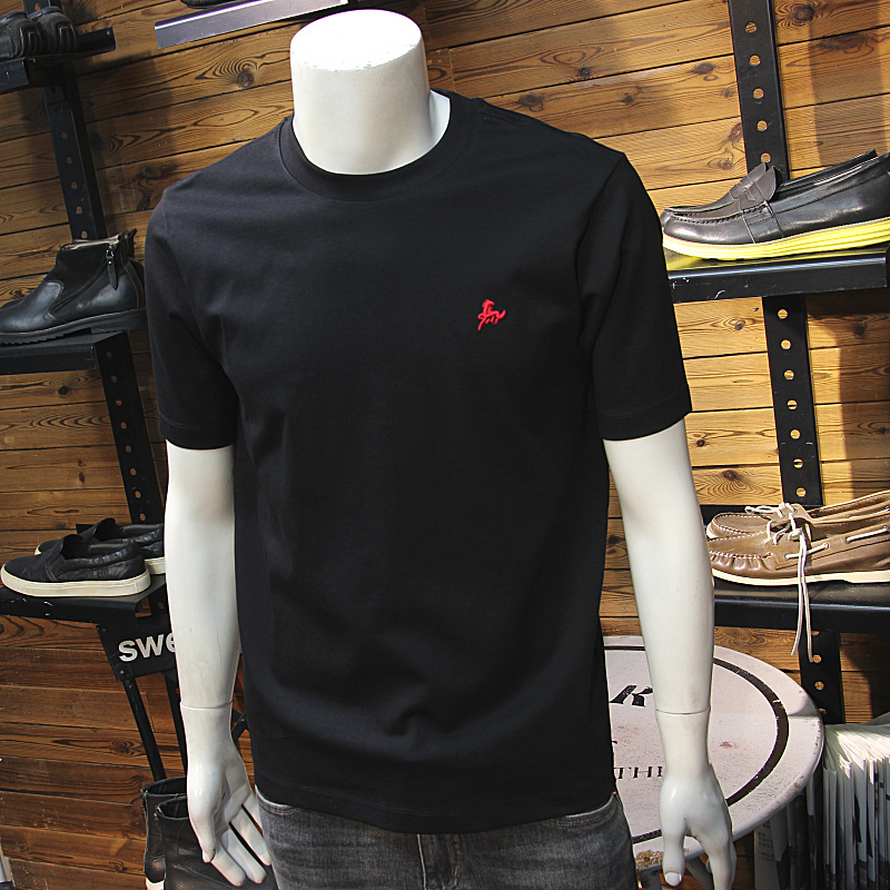 马图标刺绣秋冬男加厚短袖简约圆领时尚青年帅气修身厚料T恤半袖