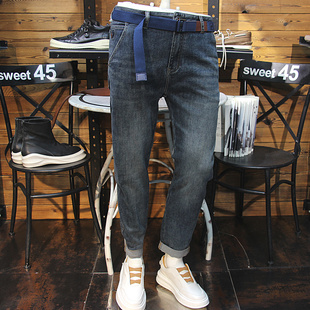 春秋男士斜插兜牛仔裤简约百搭修身小脚显瘦青年帅气牛仔长裤