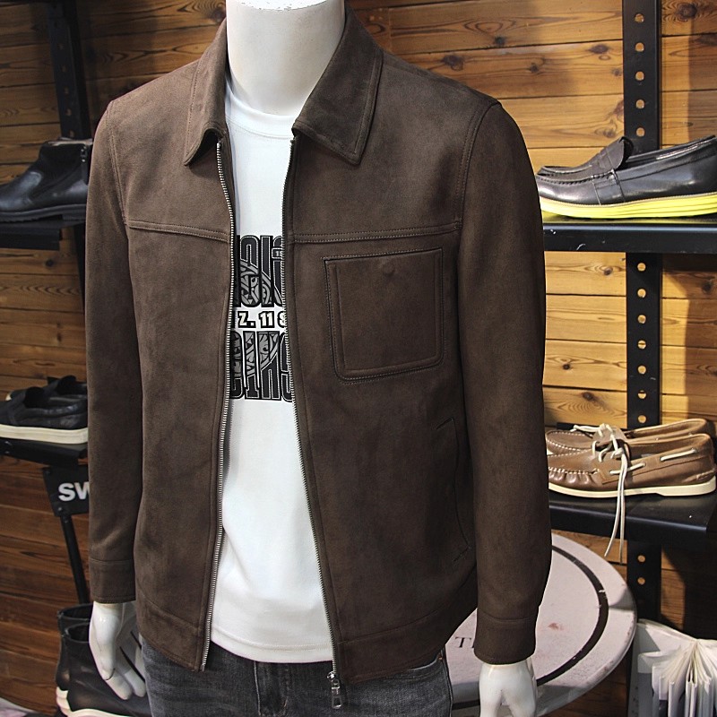 高端男士鹿皮绒皮夹克简约翻领修身休闲反绒皮简欧时尚外套