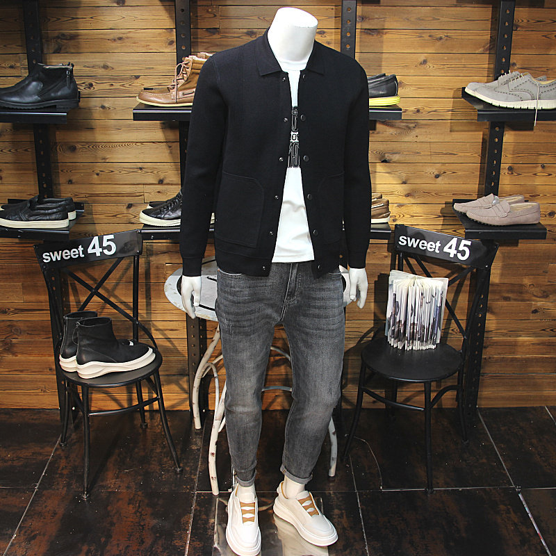 秋季男士翻领针织夹克简约净版纹理质感修身青年毛衣开衫春秋外套