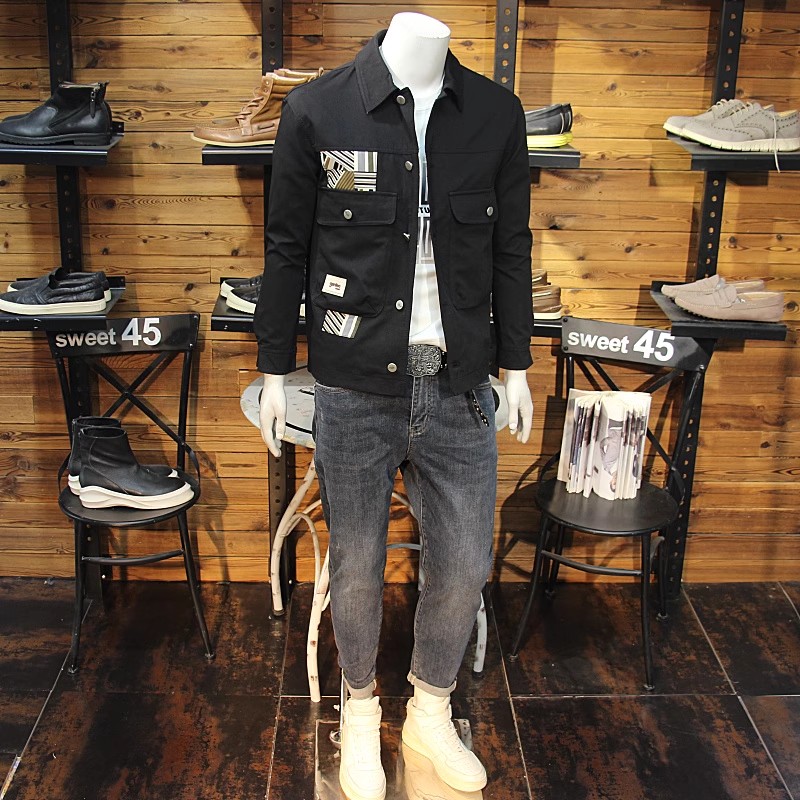 民族风印花翻领拼接口袋男夹克简约日系修身休闲衬衣外套流行夹克