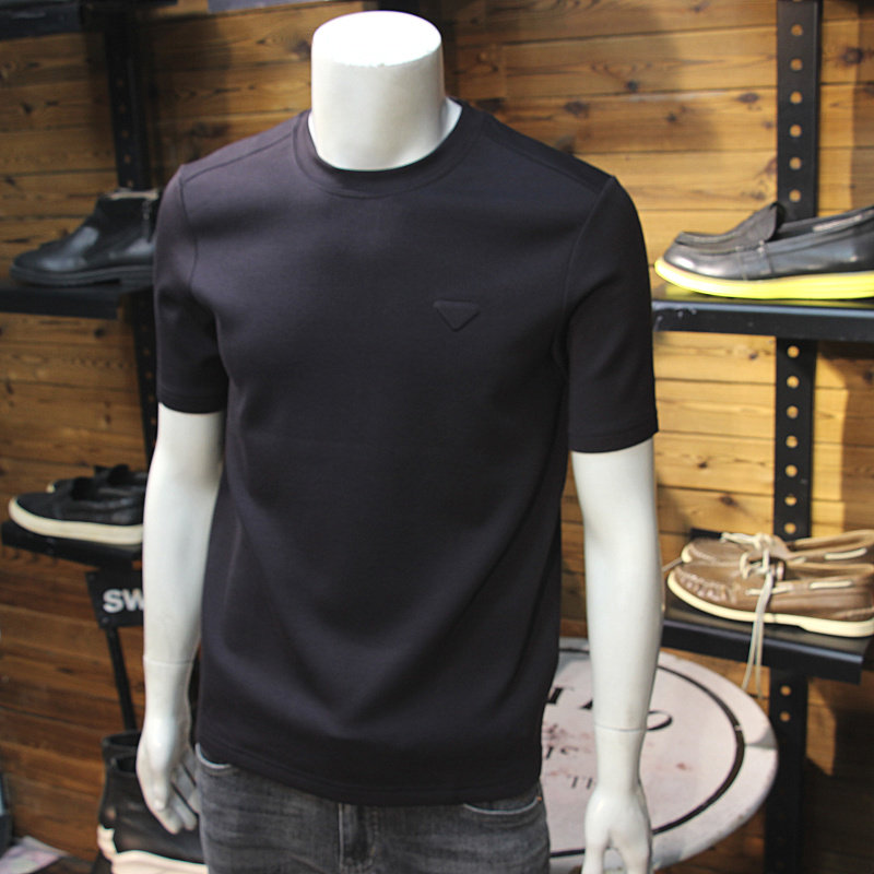 山羊绒高端秋冬男加厚短袖舒适空气层厚料青年立体三角标修身T恤