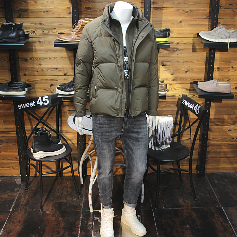 男士加厚立领羽绒服假两件拼接毛衣领设计时尚修身休保暖羽绒夹克