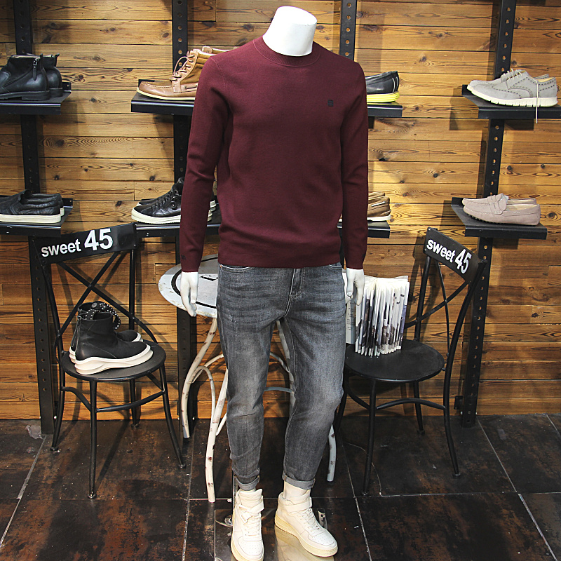 安可拉红秋冬男圆领针织长袖毛衣修身简约休闲百搭男针织衫