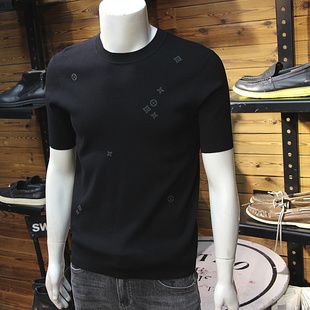 丝光羊绒秋冬男针织短袖简欧小图标修身圆领青年毛衣半袖毛线T恤