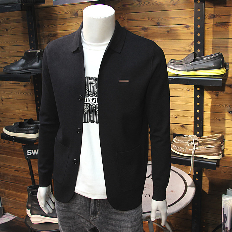 秋冬男士翻领针织开衫简欧小标青年修身休闲轻奢毛衣夹克春秋外套