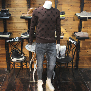 高端轻奢男毛衣毛衫 秋冬男天丝绒针织长袖 毛衣全身提花小字母时尚