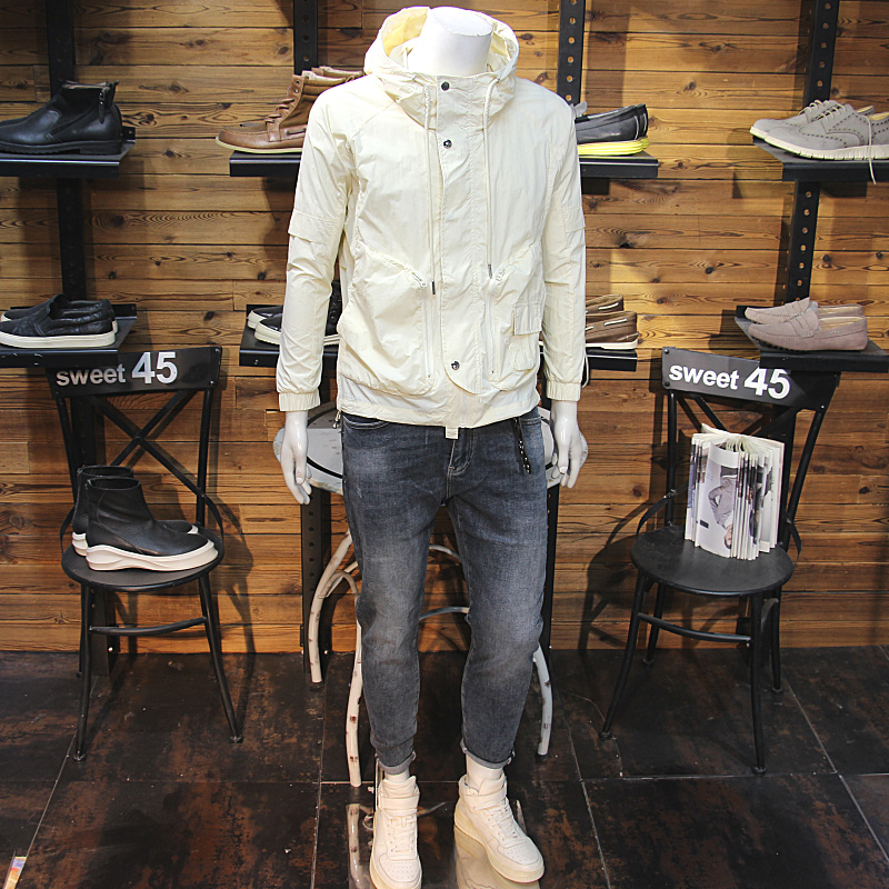 夏季男防晒外套工装立体口袋潮流青年修身休闲薄夹克带帽防晒衣