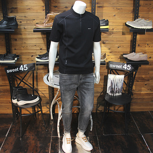 青年帅气拼接元 休闲时尚 素厚料T恤 修身 拉链立领秋冬男加厚短袖