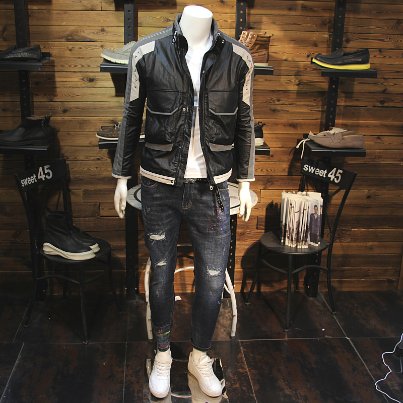 男士拼色修身潮立领