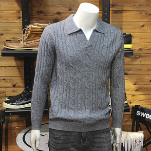 羊毛混纺秋冬男翻领毛衣纹理编制提花工艺老钱风长袖套头针织衫