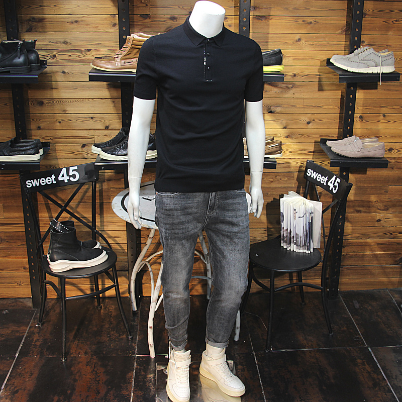 烫钻字母秋冬男针织POLO衫简欧时尚青年修身休闲翻领毛衣短袖T恤