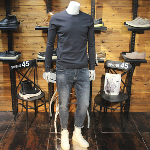 秋冬男天丝针织长袖T恤圆领弹力修身简约净版针织毛线衣长袖毛衣