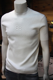 秋冬烫钻男羊毛针织短袖立体字母简欧时尚青年修身毛衣T恤轻奢t恤