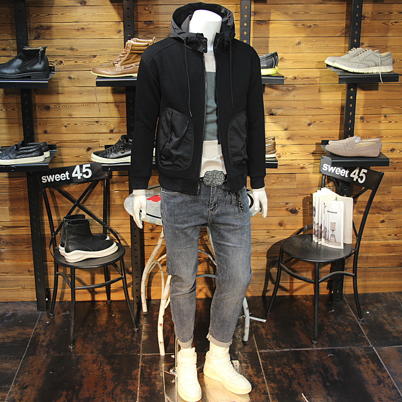 秋冬男针织连帽棉衣外套大口袋立体拼接潮款简约薄棉夹克保暖棉衣