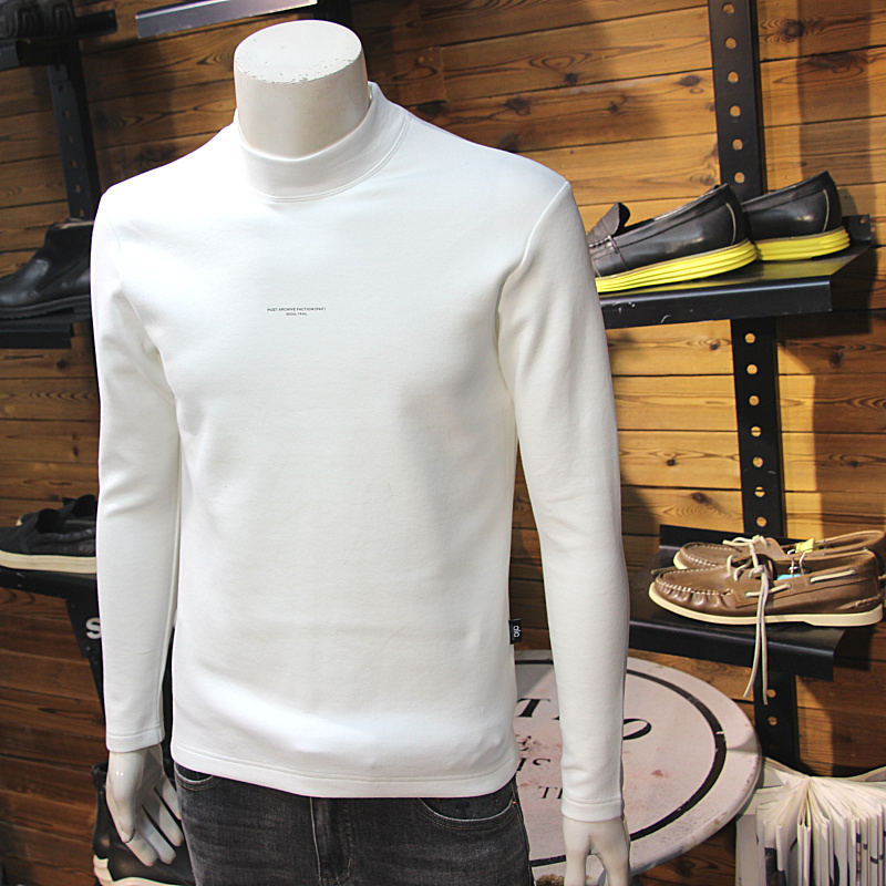 秋冬男士莫代尔加绒加厚长袖T恤简约小字母半高领修身保暖打底衫