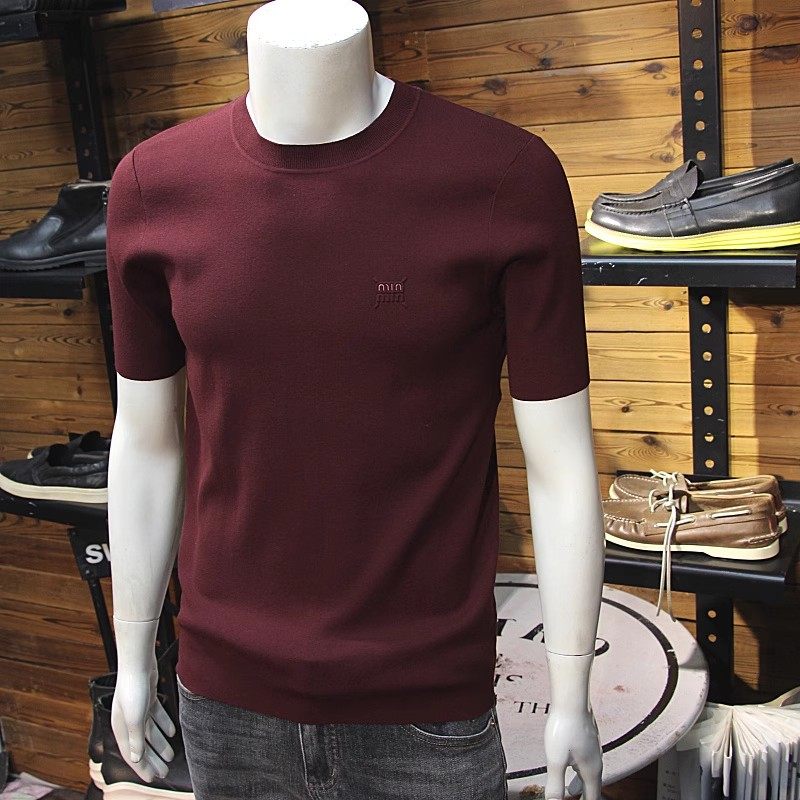 秋冬男士天丝针织短袖简约刺绣标圆领修身简欧时尚毛衣半袖T