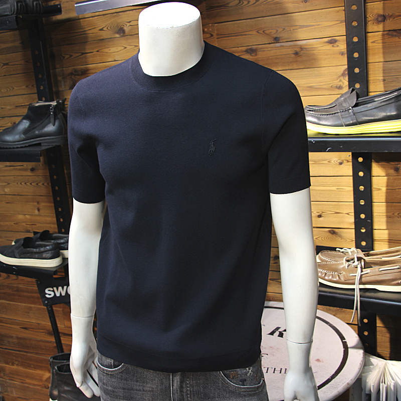 秋冬男天丝针织短袖简欧小标修身圆领青年轻奢毛线T恤半袖打底衫