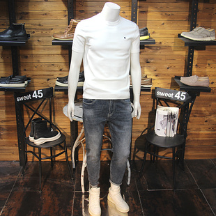 秋冬男士圆领针织短袖简单刺绣字母修身百搭弹力毛衣半袖休闲打底