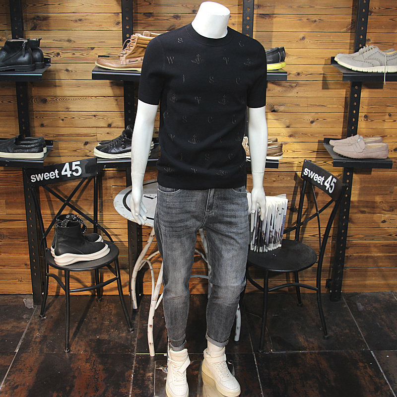 冬季丝光羊绒男针织短袖时尚简欧轻奢修身圆领提花保暖毛衣T恤