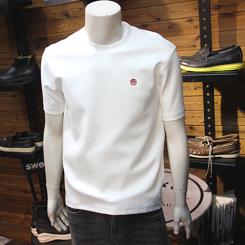 年货马元素刺绣图案男士圆领T恤简约时尚百搭青年帅气修身半袖t恤
