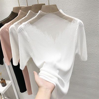 高级感冰丝网纱蕾丝拼接针织衫半高领内搭短袖女气质薄款毛衣上衣
