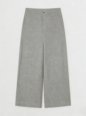 MORNA亚麻老钱风高腰阔腿裤女灰绿色西裤通勤L8180