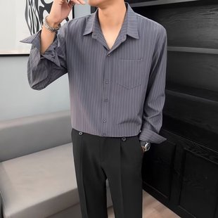 衬衫 休闲情侣春秋季 男士 衬衣港风男装 外套男 薄款 日系灰白条纹长袖