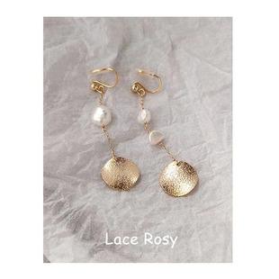 lace无耳洞原创中长款不对称金色复古金属片巴洛克珍珠蚊香盘耳夹