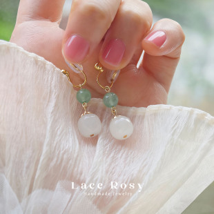 Lace无耳洞蚊香盘耳夹新品 旗袍耳饰女 原创设计和田玉绿东陵新中式