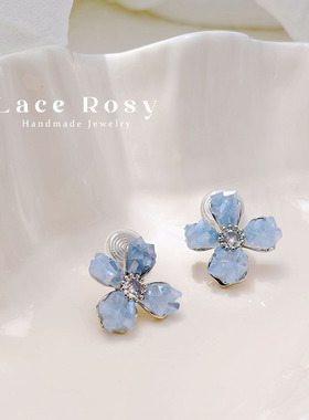 Lace无耳洞蚊香盘耳夹原创设计曼陀罗气质雾蓝色花朵仙女风精致女