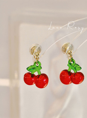 lace无耳洞原创设计红色港风一串樱桃食物蚊香盘耳夹夏季水果耳饰