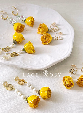 Lace无耳洞蚊香盘耳夹原创设计真花黄色玫瑰干花淡水珍珠编织耳饰