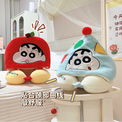 蜡笔小新U型枕可爱卡通连帽护颈枕长途飞机枕便携旅行U形枕头睡觉