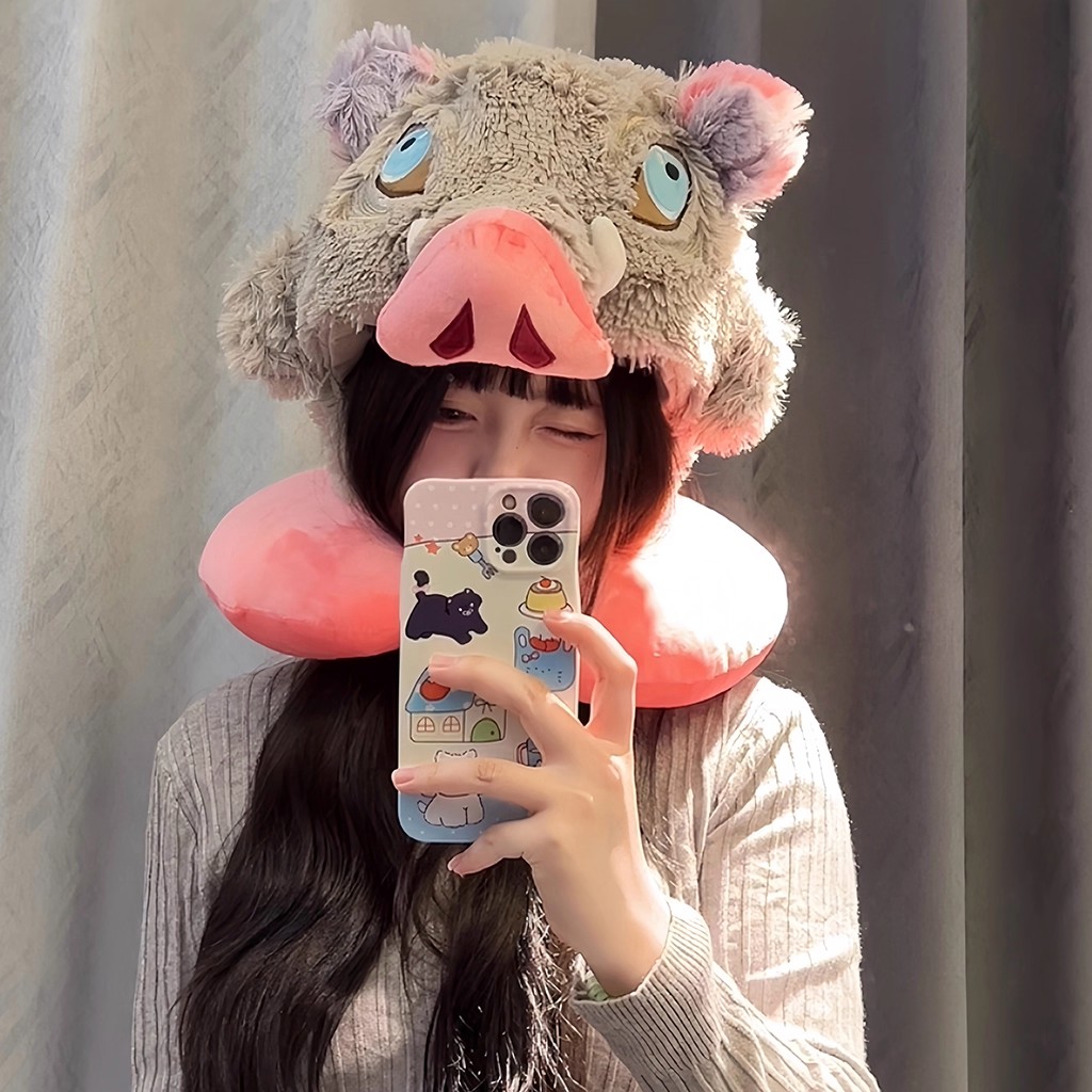 卡通鬼灭之刃嘴平伊之助猪猪U型枕旅行枕连帽护颈枕头猪头套帽子