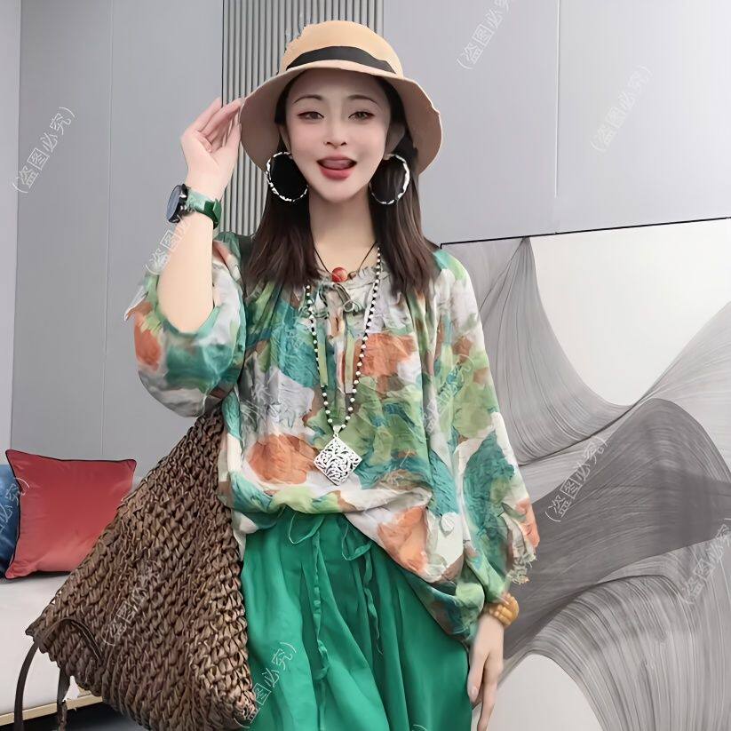 2023春夏女款棉麻短袖T恤新款宽松时尚大版休闲印花衣服