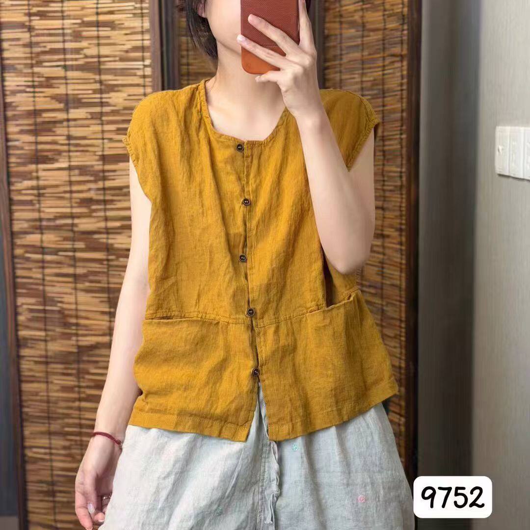 文艺复古亚麻开衫女圆领马甲宽松百搭显瘦上衣