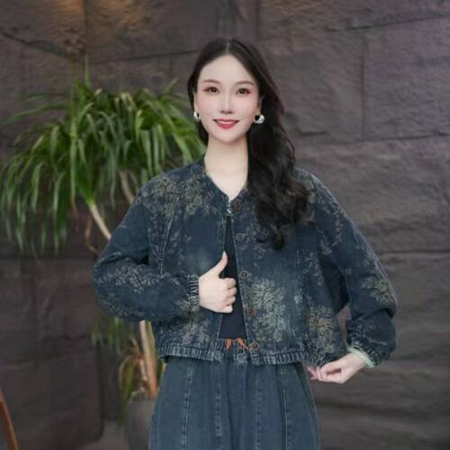 秋季复古印花短款牛仔外套女