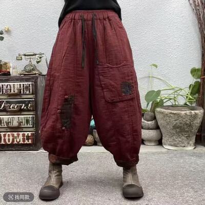 春季新款复古新中式个性口袋盘扣绣福12片拼接南瓜色织麻休闲裤女