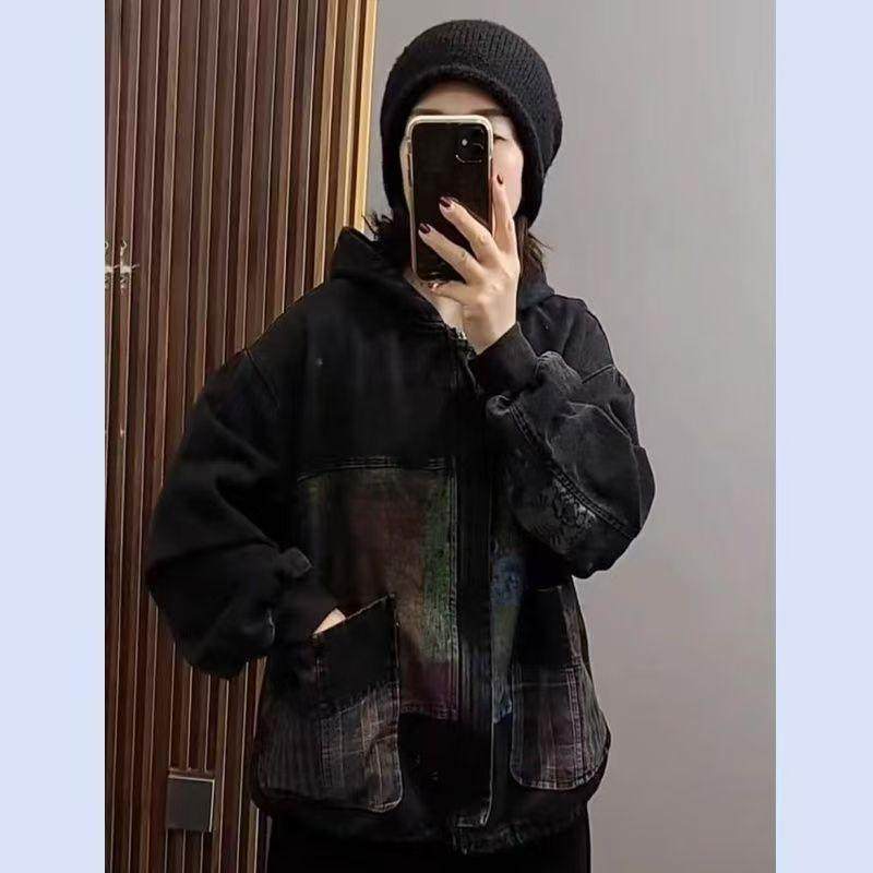 复古民族风印花连帽牛仔外套女春秋宽松显瘦休闲百搭短款开衫上衣