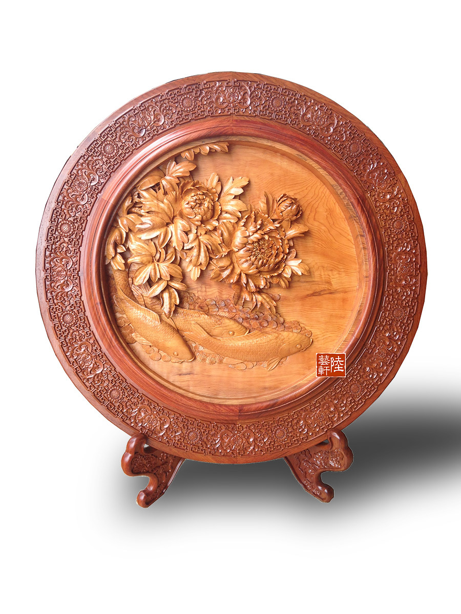 东阳木雕手工深浮雕家居办公桌面圆形摆件壁挂文玩收藏礼品花鸟鱼