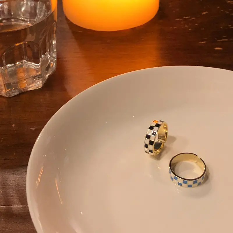 棋盘格滴釉开口戒指套装女夏小众设计冷淡风食指戒时尚个性指环潮