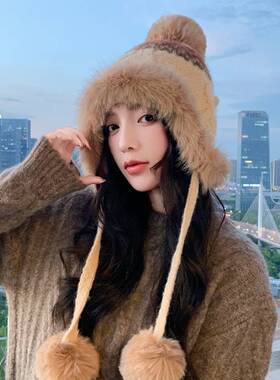 韩系费尔岛风针织毛线帽子女士冬天百搭保暖帽户外休闲防寒护耳帽