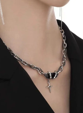 轻奢小众设计黑宝石多层缠绕项链男女钛钢毛衣百搭嘻哈高级锁骨链
