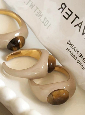 奶茶色滴油虎眼石开口戒指女小众设计感简约个性时尚百搭指环戒子
