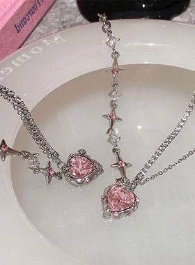 甜酷风锆石星芒爱心吊坠项链女个性简约百搭气质时尚颈链锁骨链